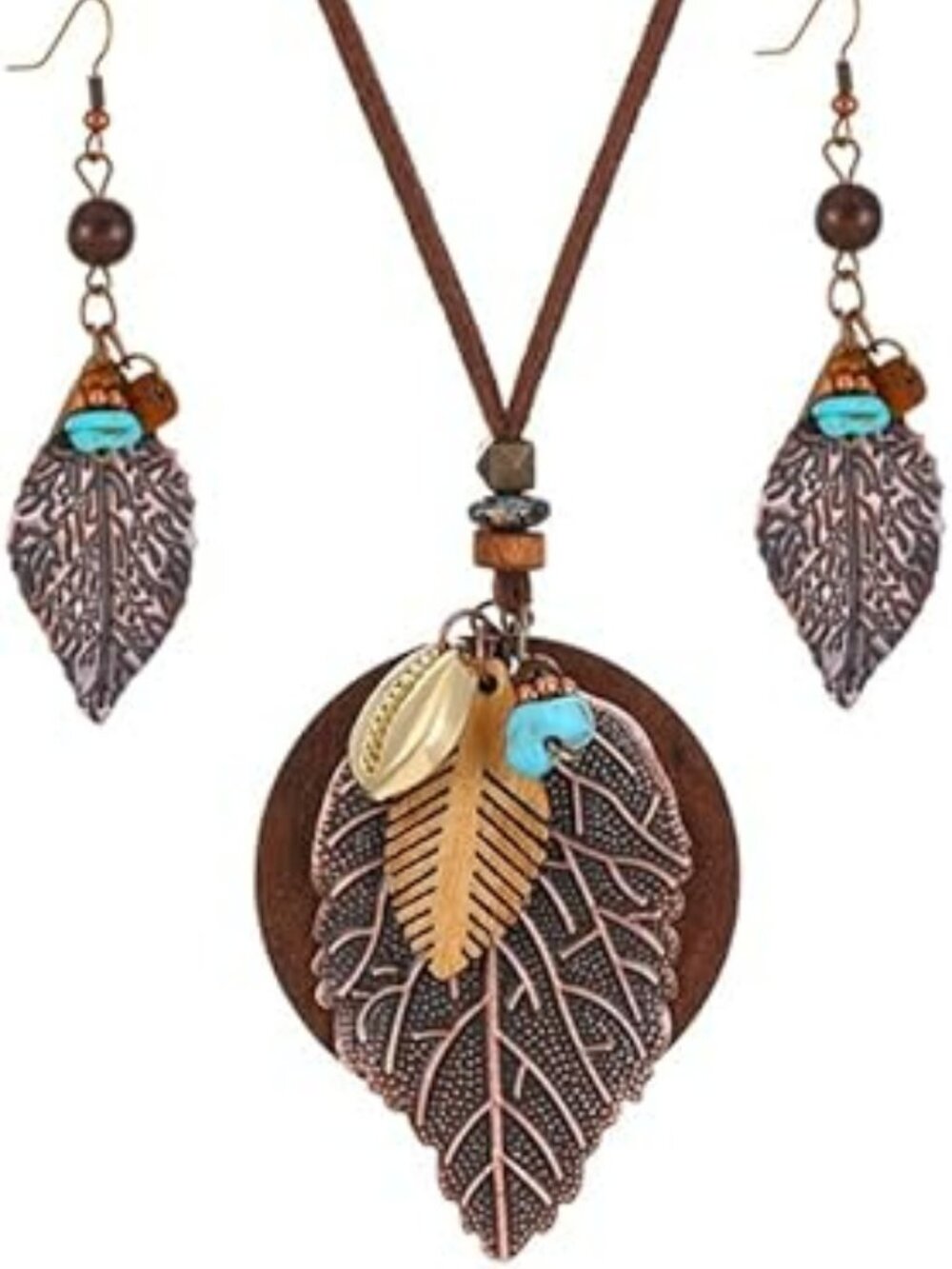 NEW Boho Leaf Pendant Necklace Earrings Set Brown Faux Leather Cord Wooden